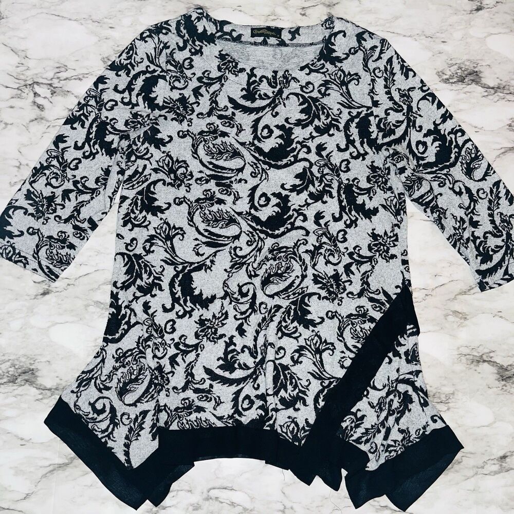 Christine Phillipe Floral Tunic Top Women Md Gray Black 3/4 Sleeve Handkerchief